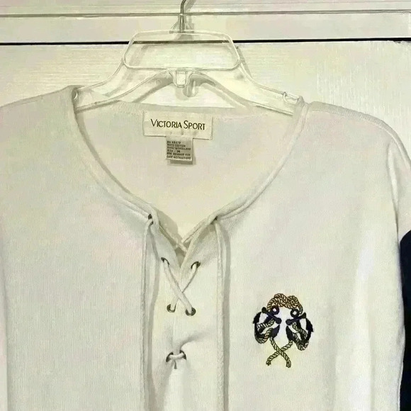 VICTORIA SPORT Vintage Sweater Top Sweatshirt Drawstring Striped Crest Classic - Picture 11 of 13